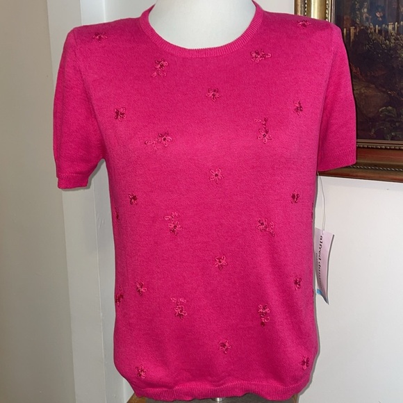 NWT Alfred Dunner Short Sleeve Floral Embroidered Sweater.  Large Petite. - Picture 1 of 12